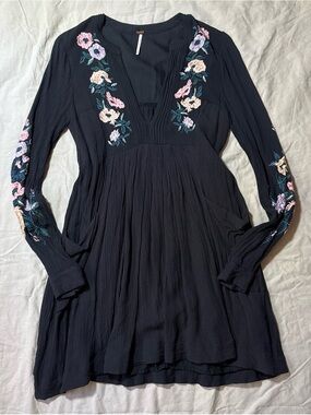 Free people Black floral embroidered long sleeve dress